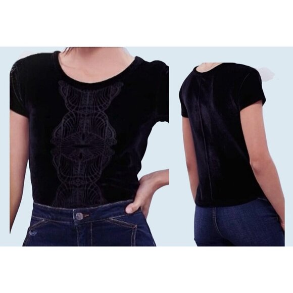 FREE PEOPLE Black Velvet Sheer Detail Baby Doll T Shirt Tee Top Size Small - Picture 1 of 6